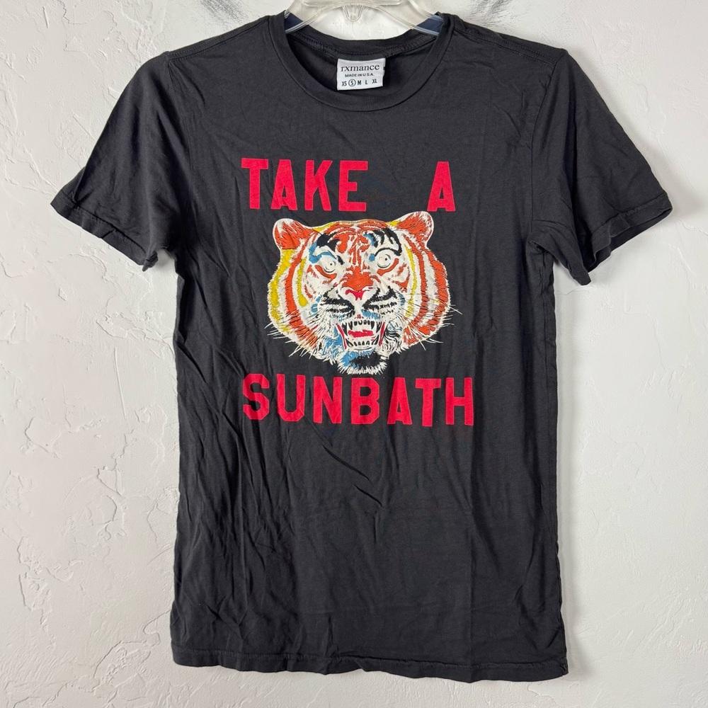 Rxmance Anthropologie Shirt Knit Top Tee Take a Sunbath‎ Tiger Print Black